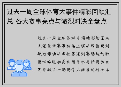 过去一周全球体育大事件精彩回顾汇总 各大赛事亮点与激烈对决全盘点